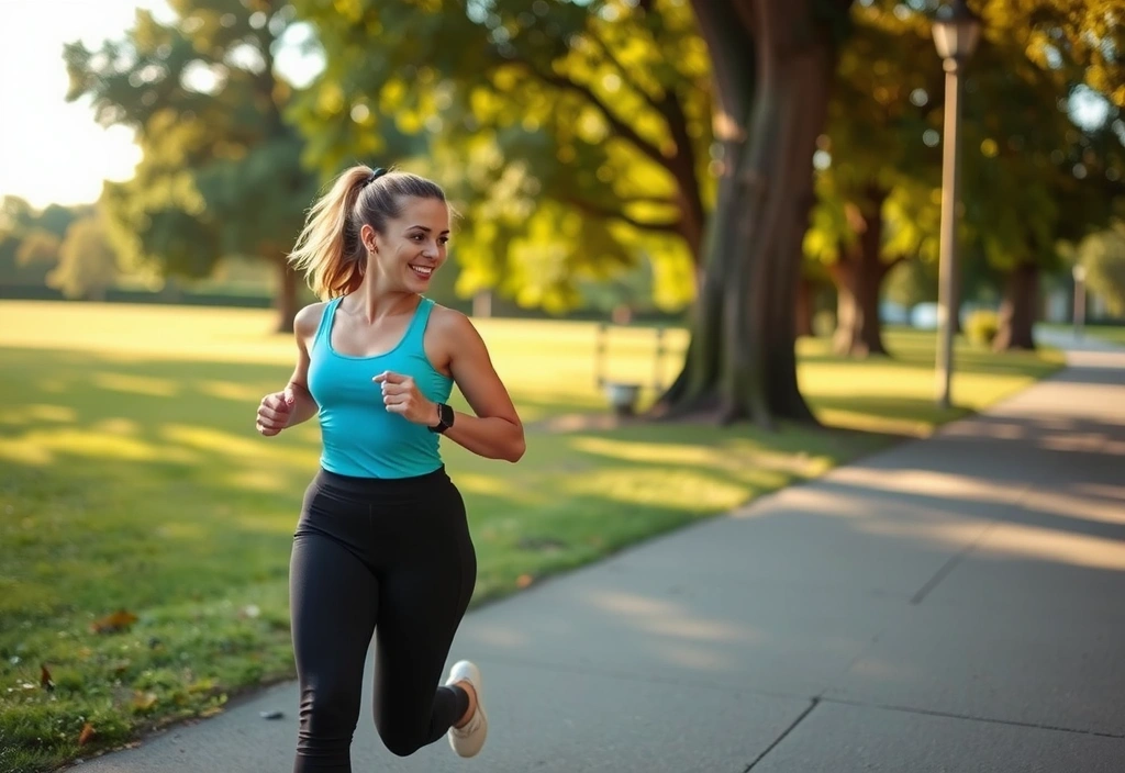 Femeie zâmbind, plină de energie, într-un parc verde