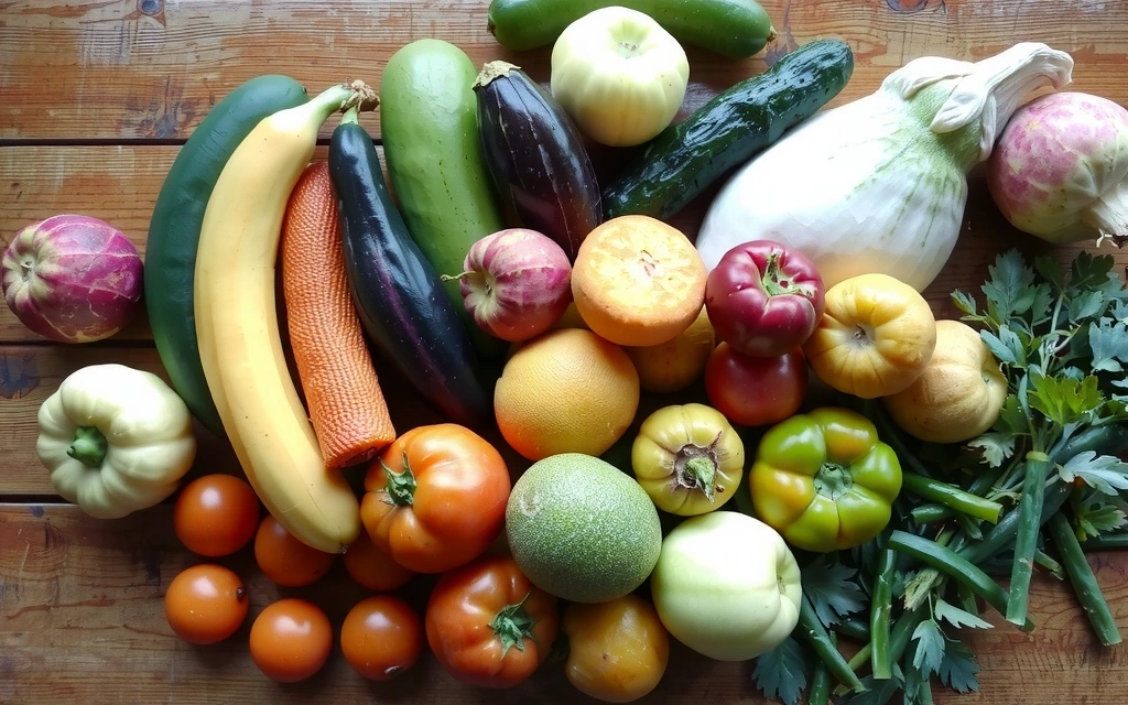 Fructe și legume proaspete, vibrante și naturale, aranjate artistic