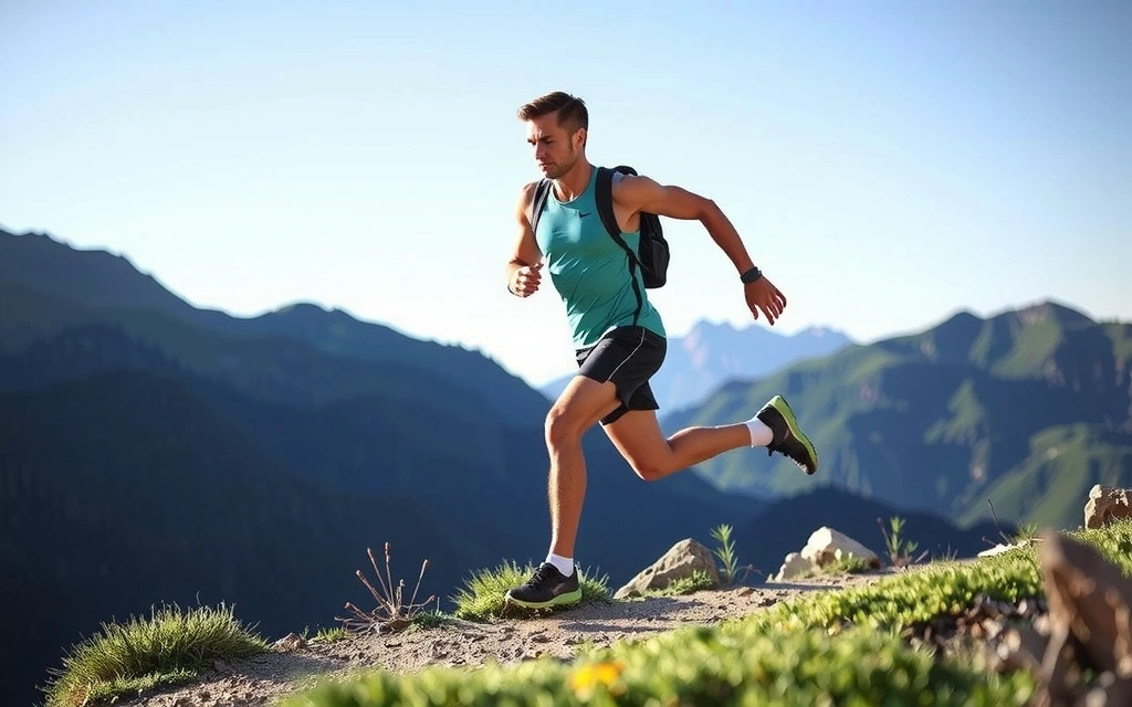 O persoană atletică alergând pe un traseu montan, plină de energie și vitalitate