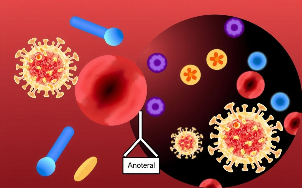Sistem imunitar reprezentat schematic, cu celule albe și anticorpi atacând viruși