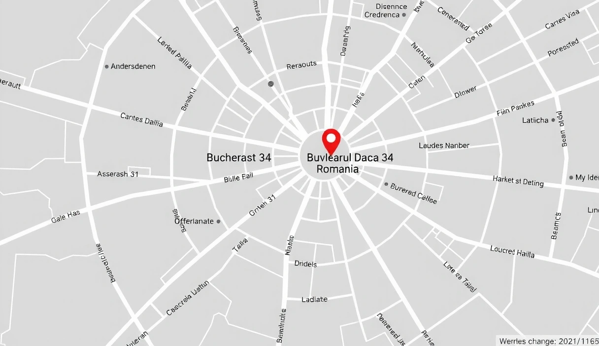 Imagine a unei hărți stilizate a Bucureștiului cu un marcator de locație vibrant plasat pe Bulevardul Dacia 34, indicând sediul SC IT Solutions SRL. Zonele înconjurătoare sunt subtil evidențiate pentru a oferi context.