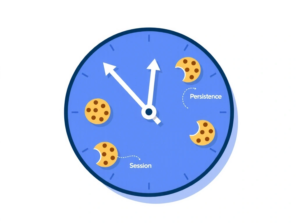 Ilustrație stilizată a unui ceas și a unor cookie-uri, reprezentând durata de viață a cookie-urilor.