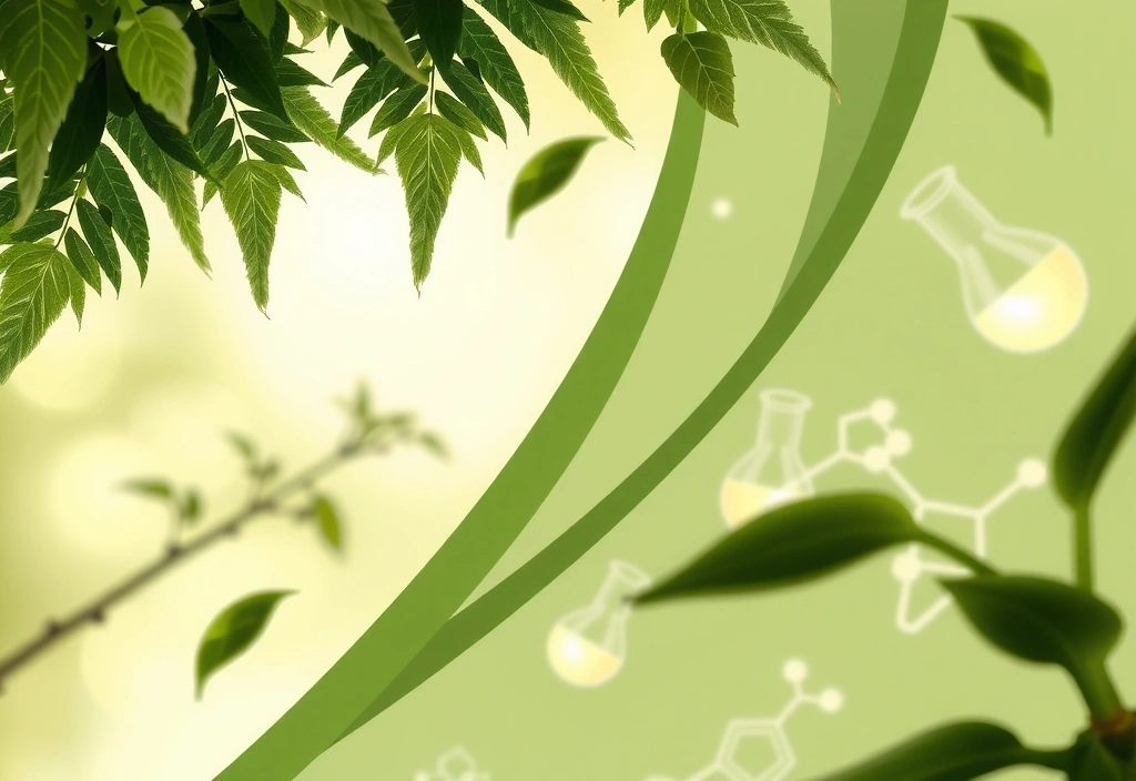 Imagine ce ilustrează armonia dintre natură și știință, cu elemente botanice și simboluri de cercetare.