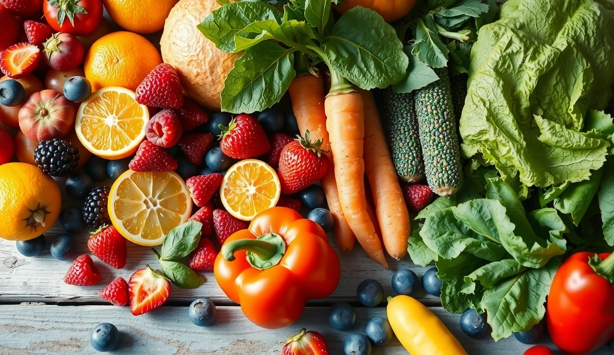 Diverse fructe și legume proaspete aranjate artistic, reprezentând surse naturale de vitamine.