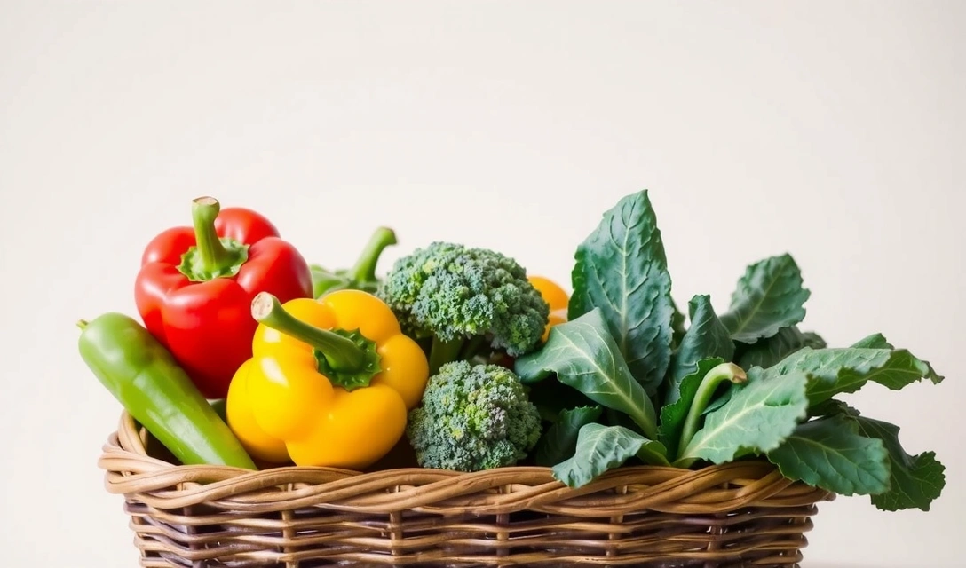 Un coș plin cu ardei grași de diferite culori, broccoli și alte legume verzi, ilustrând surse vegetale de vitamina C.